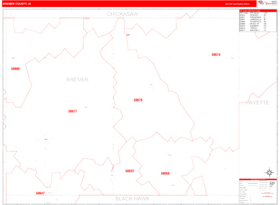 Cheap Vpn In Bremer Ia Dans Bremer County Ia Zip Code Wall Map Red Line Style by Marketmaps