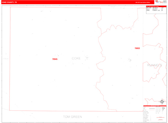 Coke Tx Car Accident Lawyer Dans Coke County Tx Zip Code Wall Map Red Line Style by Marketmaps