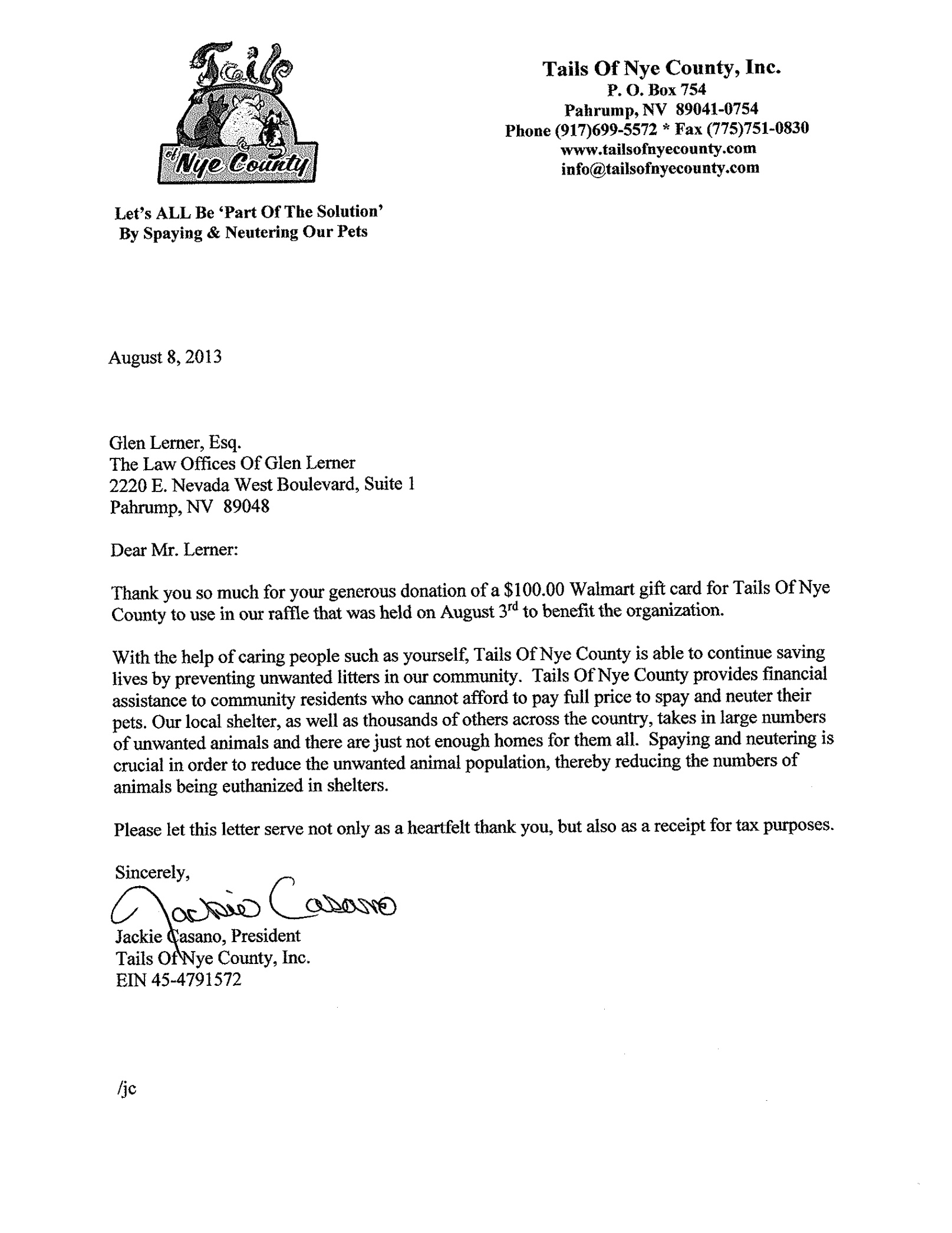 Nye Nv Car Accident Lawyer Dans Lerner and Rowe Receives Thank You From Tails Of Nye County Get Glen